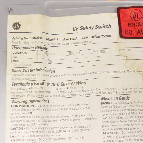 General Electric THN3361 30A 600VAC 250VDC 3 Pole Safety Disconnect Switch