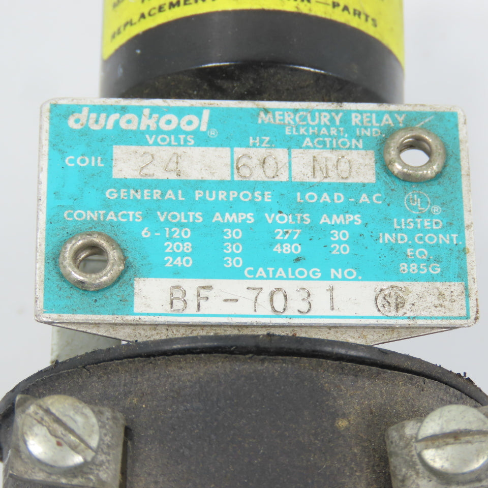 Durakool BF-7031 Mercury Relay 24V Coil 60HZ (Action NO) 120-480V 20-30A