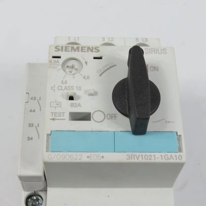 Siemens 3RV1021-1GA10 Sirius Circuit Breaker / Motor Protector 4.5-6.3 Amp W/Aux