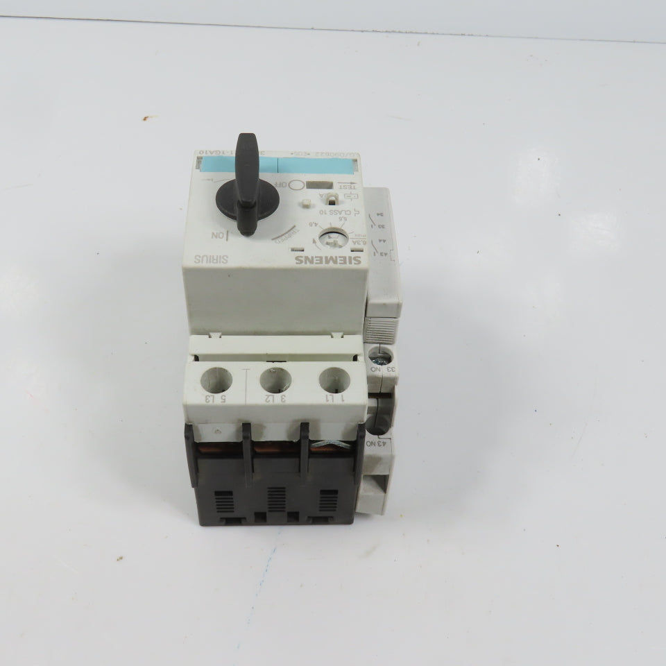 Siemens 3RV1021-1GA10 Sirius Circuit Breaker / Motor Protector 4.5-6.3 Amp W/Aux