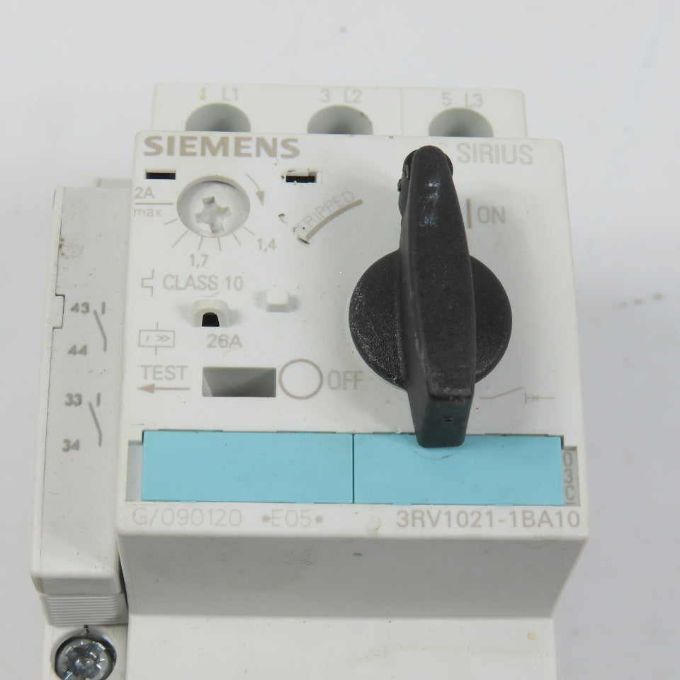Siemens 3RV1021-1BA10 Sirius Circuit Breaker / Motor Protector 1.4-2 Amp W/Aux