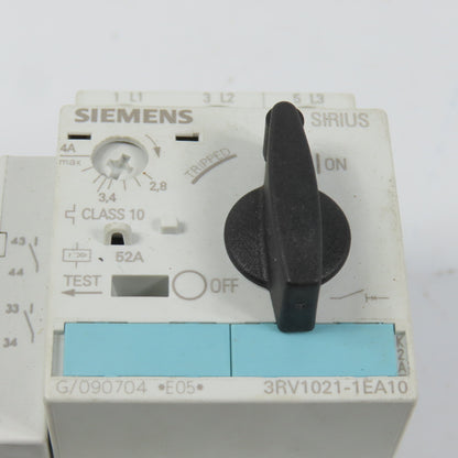 Siemens 3RV1021-1EA10 Sirius Circuit Breaker / Motor Protector 2.8-4 Amp W/ Aux