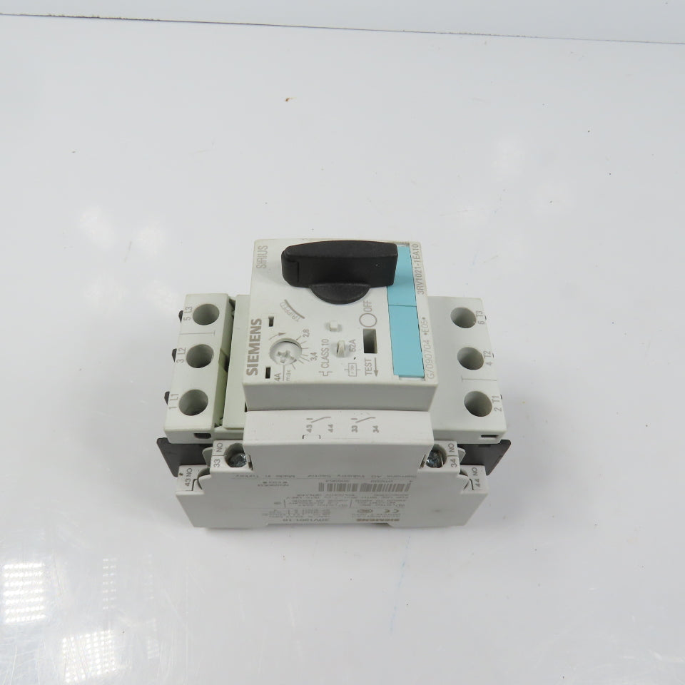 Siemens 3RV1021-1EA10 Sirius Circuit Breaker / Motor Protector 2.8-4 Amp W/ Aux