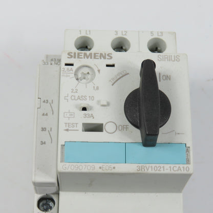 Siemens 3RV1021-1CA10 Sirius Circuit Breaker / Motor Protector 1.8-2.5 Amp W/Aux