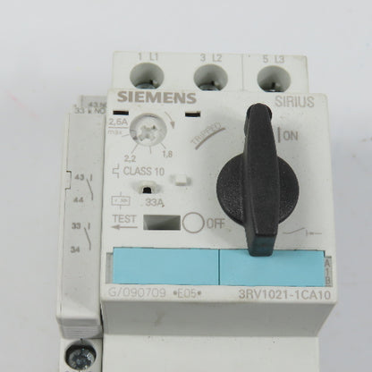 Siemens 3RV1021-1CA10 Sirius Circuit Breaker / Motor Protector 1.8-2.5 Amp W/Aux