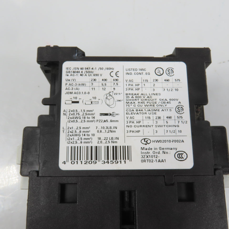 Siemens 3RT1024-1A Sirius 3-Pole Power Contactor 7-1/2HP 12A 120V Coil