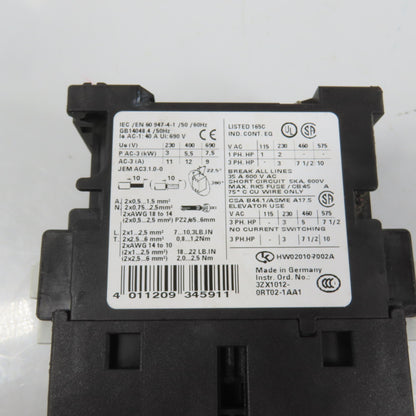 Siemens 3RT1024-1A Sirius 3-Pole Power Contactor 7-1/2HP 12A 120V Coil