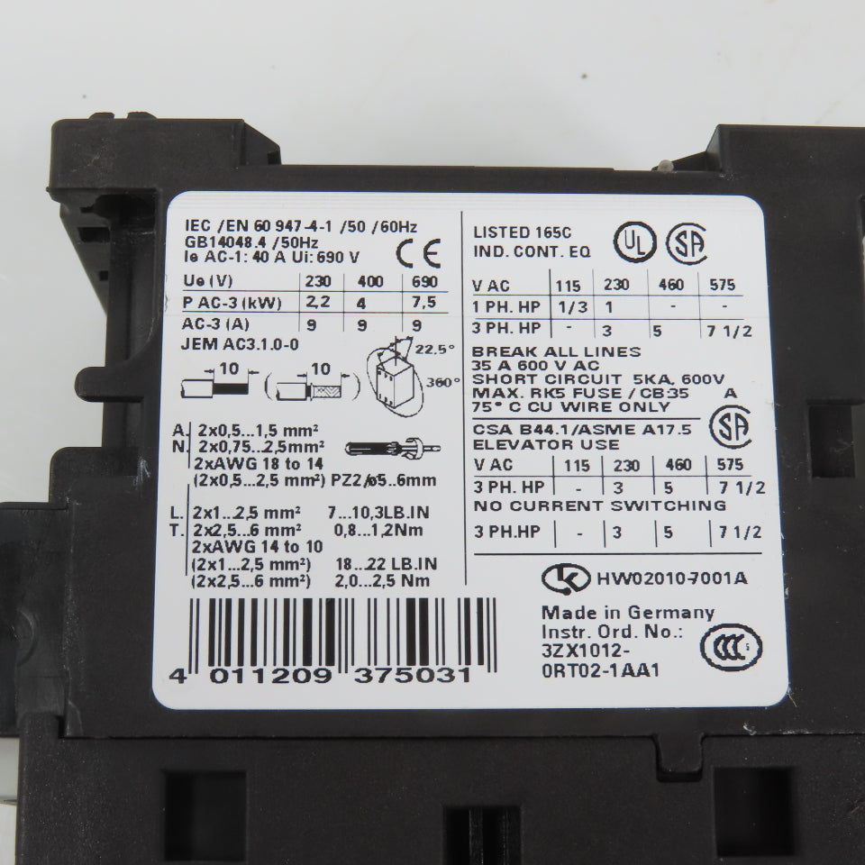Siemens 3RT1023-1A Sirius 3-Pole Power Contactor 5HP 9A 120V Coil W/ Aux
