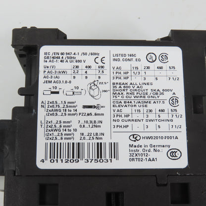 Siemens 3RT1023-1A Sirius 3-Pole Power Contactor 5HP 9A 120V Coil W/ Aux