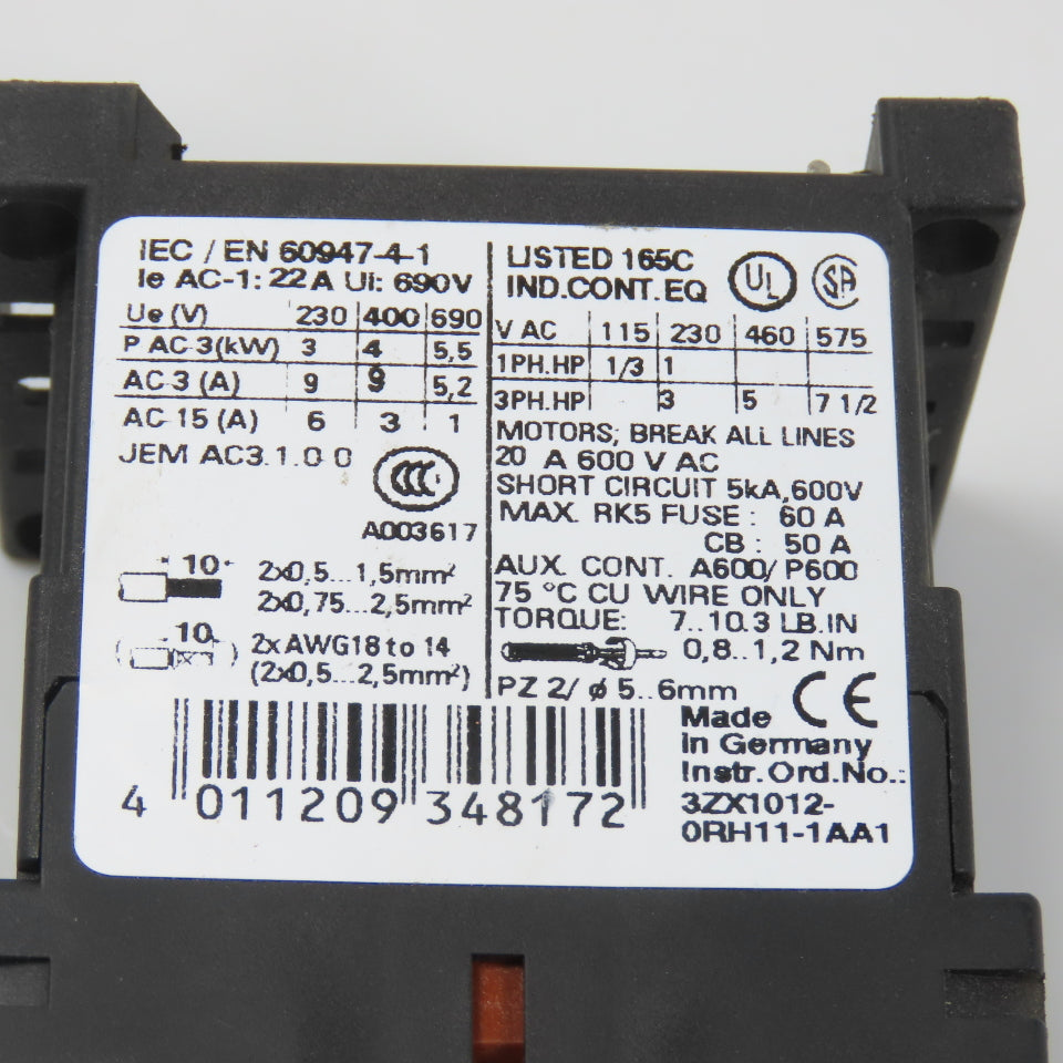 Siemens 3RT1016-1AK61 Sirius Power Contactor 7-1/2HP 6A 120V Coil