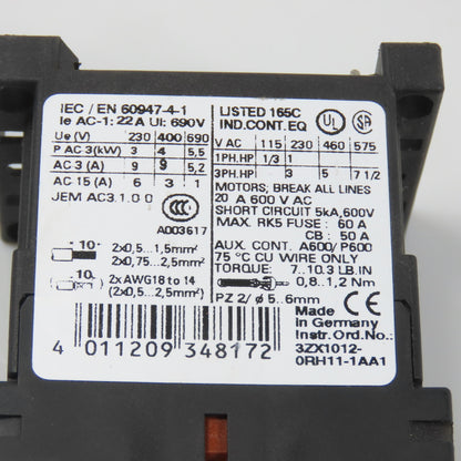 Siemens 3RT1016-1AK61 Sirius Power Contactor 7-1/2HP 6A 120V Coil