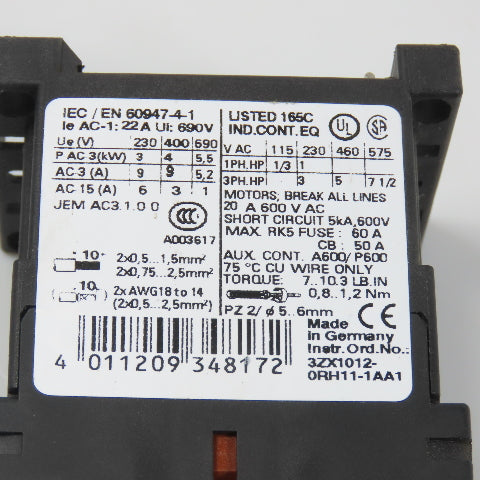 Siemens 3RT1016-1AK61 Sirius Power Contactor 7-1/2HP 6A 120V Coil