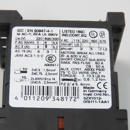 Siemens 3RT1016-1AK61 Sirius Power Contactor 7-1/2HP 6A 120V Coil
