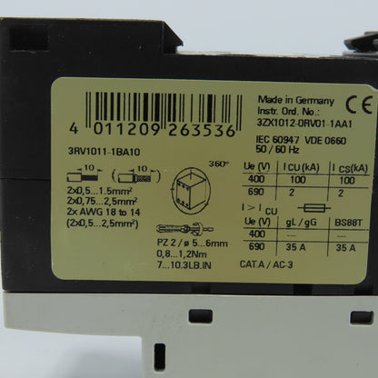 Siemens 3RV1011-1BA10 Sirius 3R 1.4-2A Motor Protector Circuit Breaker 1-1/2HP
