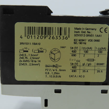 Siemens 3RV1011-1BA10 Sirius 3R 1.4-2A Motor Protector Circuit Breaker 1-1/2HP