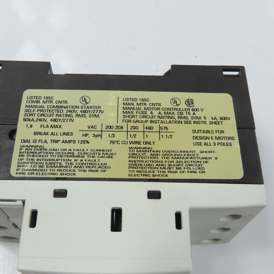 Siemens 3RV1011-1AA10 Sirius 3R 1.1-1.6A Motor Protector Circuit Breaker 1-1/2HP
