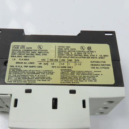 Siemens 3RV1011-1AA10 Sirius 3R 1.1-1.6A Motor Protector Circuit Breaker 1-1/2HP