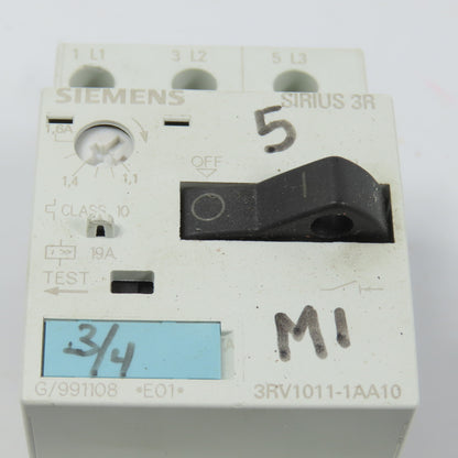 Siemens 3RV1011-1AA10 Sirius 3R 1.1-1.6A Motor Protector Circuit Breaker 1-1/2HP