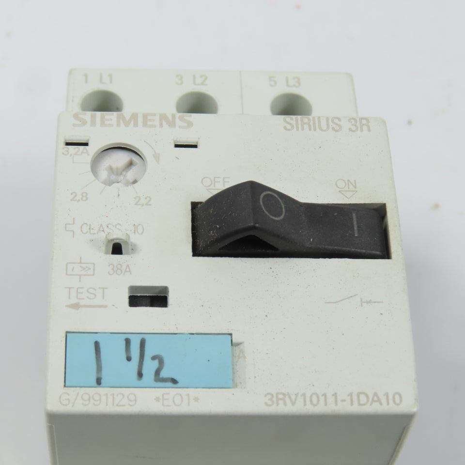 Siemens 3RV1011-1DA10 Sirius 3R 2.2-3.2A Motor Protector Circuit Breaker 3HP