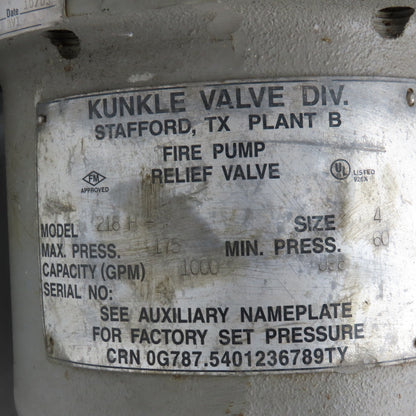 Kunkle 218H 4" Flange Mount Fire Pump Relief Valve 1000 GPM 100PSI Set