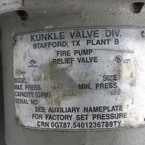Kunkle 218H 4" Flange Mount Fire Pump Relief Valve 1000 GPM 100PSI Set