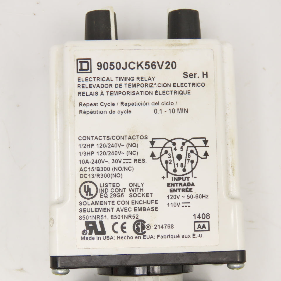 Square D 9050JCK56V20 On Delay Off Delay Timing Relay 0.1-10 Min 120/240V