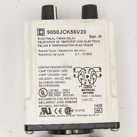 Square D 9050JCK56V20 On Delay Off Delay Timing Relay 0.1-10 Min 120/240V