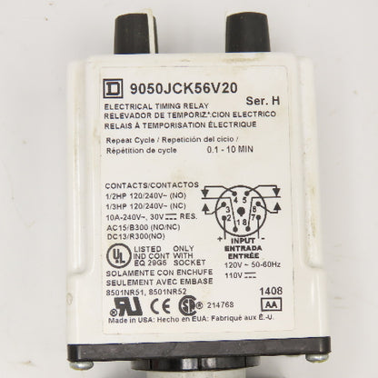 Square D 9050JCK56V20 On Delay Off Delay Timing Relay 0.1-10 Min 120/240V