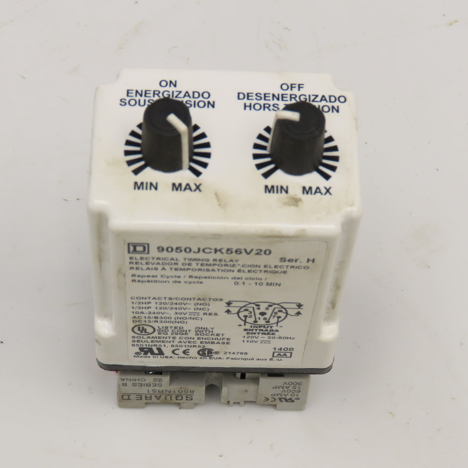 Square D 9050JCK56V20 On Delay Off Delay Timing Relay 0.1-10 Min 120/240V
