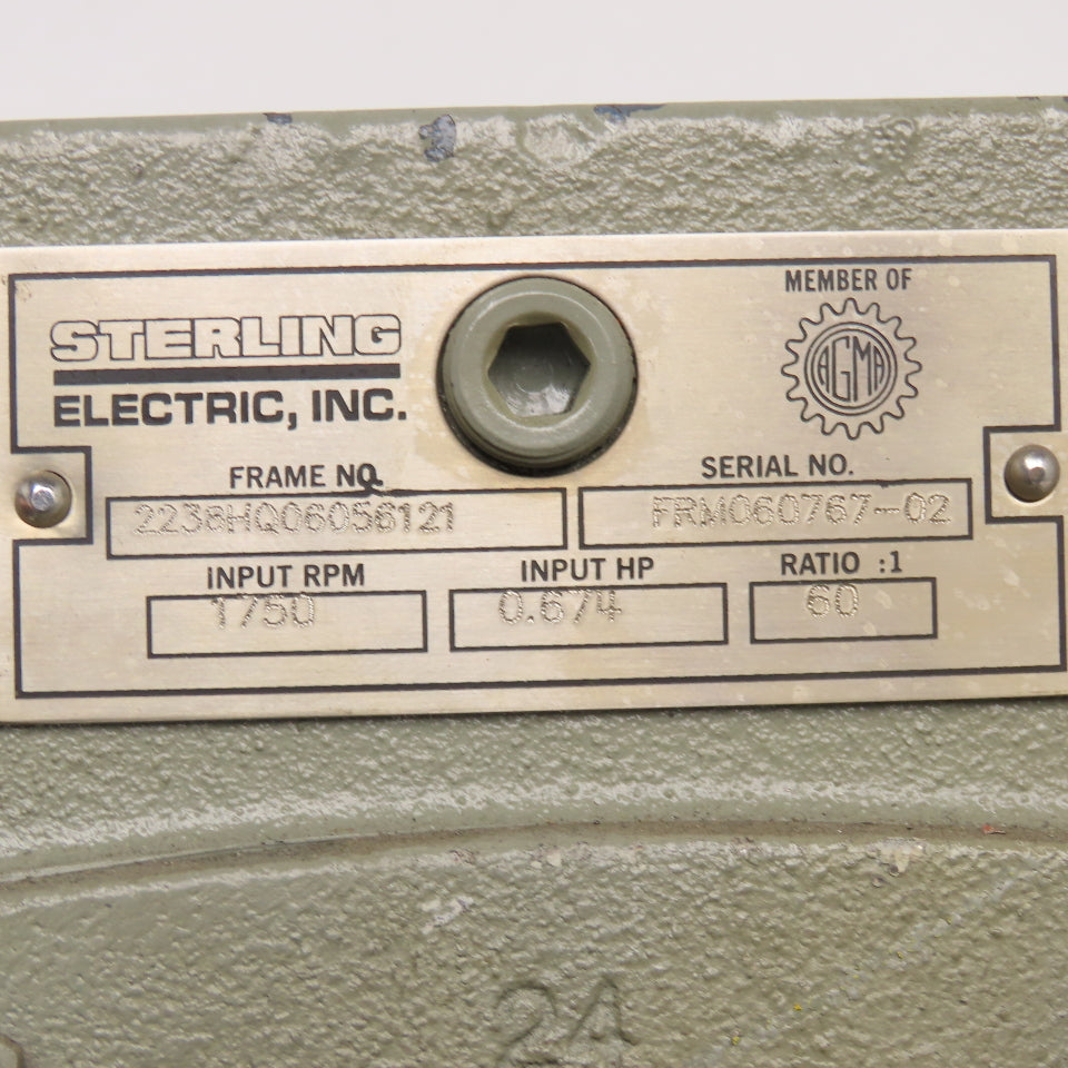 Sterling 2238HQ06056121 60:1 Ratio 1750RPM 29RPM Output Thru Shaft Gear Box