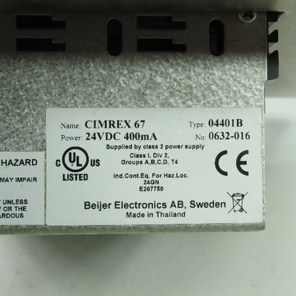 Beijer Electronics CIMREX 67 Operator Interface LED Touchscreen 24VDC 04401B