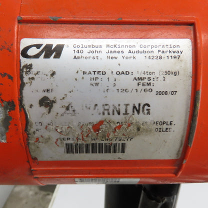CM Valustar 1/4 Ton 500LB Electric Chain Hoist 15' Lift 16FPM Single Phase 120V