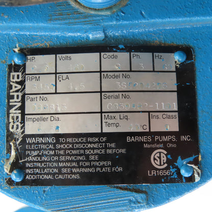 Barnes 3SE2042DS 2HP Submersible Sewage Ejector Pump 3" Out 460V 3PH Tested