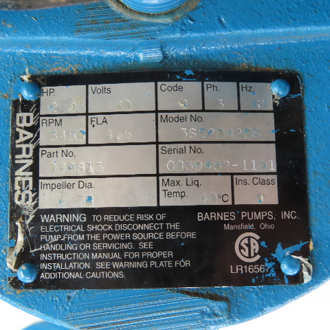 Barnes 3SE2042DS 2HP Submersible Sewage Ejector Pump 3" Out 460V 3PH Tested