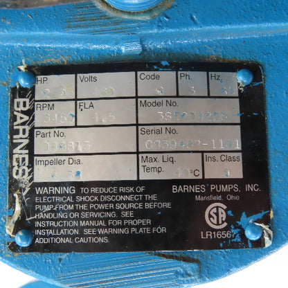 Barnes 3SE2042DS 2HP Submersible Sewage Ejector Pump 3" Out 460V 3PH Tested