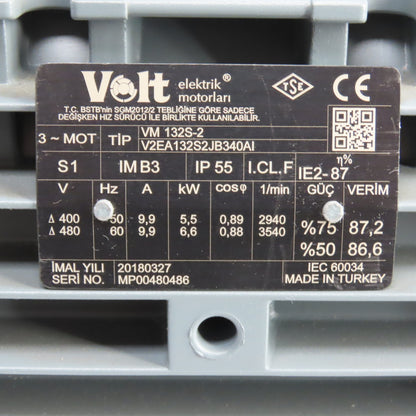 Volt elektrik VM 132S-2 6.6kW IMB3 AC Electric Motor 480V 3PH 3540RPM 35mm NEW