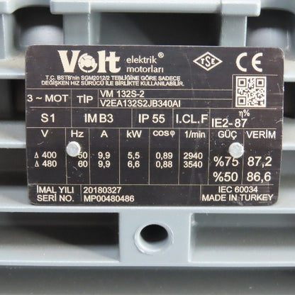 Volt elektrik VM 132S-2 6.6kW IMB3 AC Electric Motor 480V 3PH 3540RPM 35mm NEW