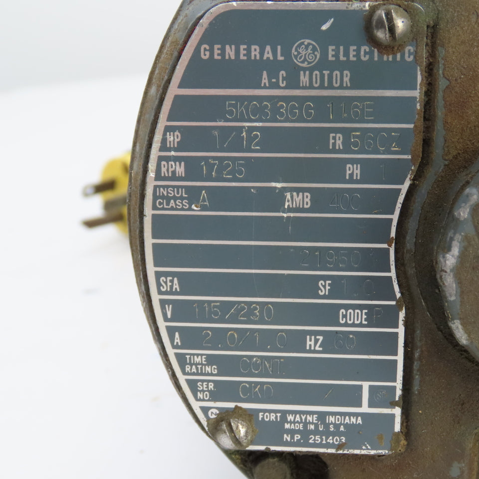 General Electric 5KC33GG 116E 1/12HP AC Electric Motor 1725RPM 115/230V 1PH 56CZ