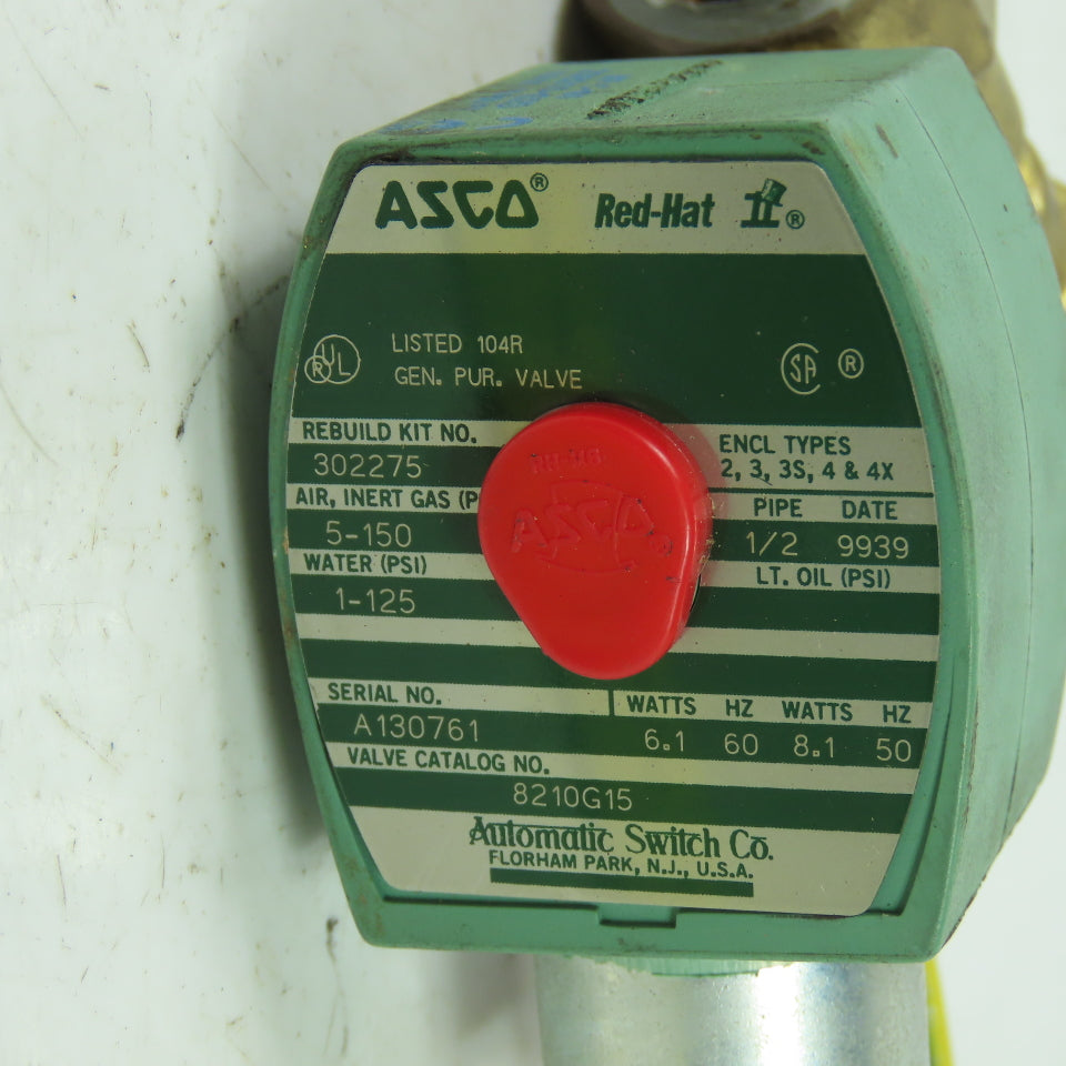 Asco 8210G15 Red Hat 1/2" Brass Solenoid Valve 120V Coil