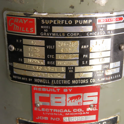 Graymills A-20122-F 1/2HP Vertical Superflo Coolant Pump 1725RPM 230/460V 13" D