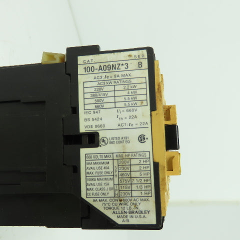 Allen Bradley 100-A09NZ*3 Ser B Contactor 24VDC Coil 7.5HP