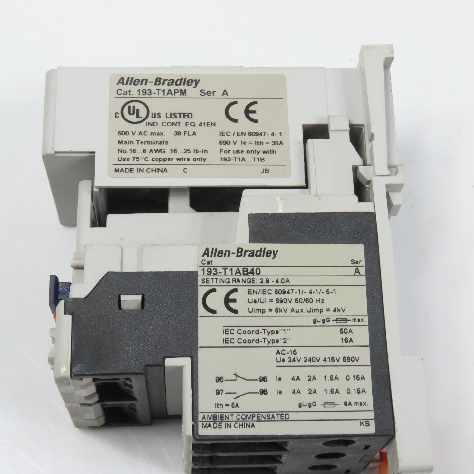 Allen Bradley 193-T1AB40 Sr A Overload Relay 2.9-4A Class 10A W/ 193-T1APM