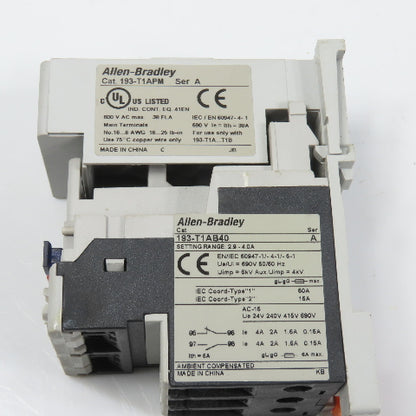 Allen Bradley 193-T1AB40 Sr A Overload Relay 2.9-4A Class 10A W/ 193-T1APM