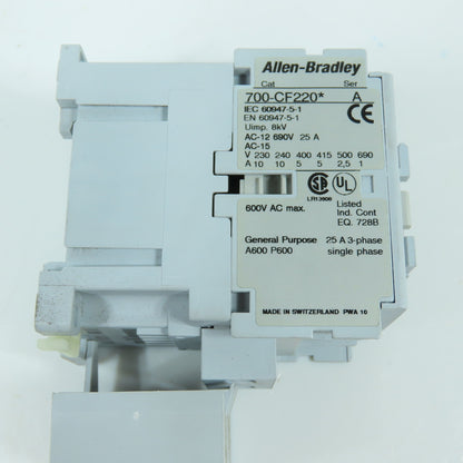 Allen Bradley 700-CF220* Ser A 25A 600V Contactor Relay 12V Coil W/ 100-ETA30