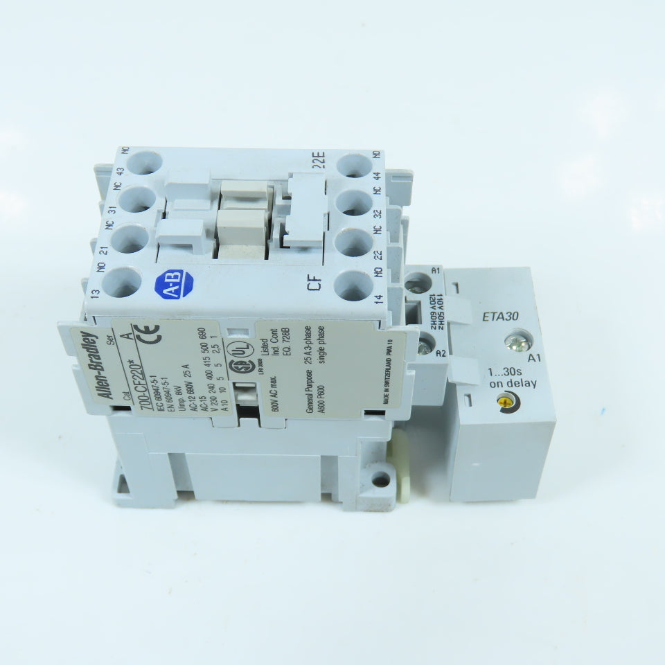 Allen Bradley 700-CF220* Ser A 25A 600V Contactor Relay 12V Coil W/ 100-ETA30