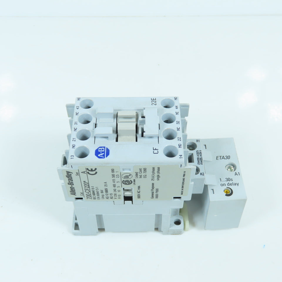 Allen Bradley 700-CF220* Ser A 25A 600V Contactor Relay 12V Coil W/ 100-ETA30
