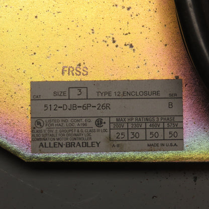 Allen Bradley 512-DJB-6P-26R Size 3 Combination Motor Controller W/ Transformer