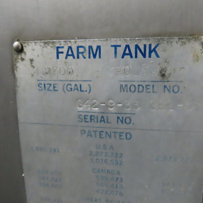 Zero A0L700 NV 700 Gallon Stainless Steel Jacket Liquid Holding Farm Bulk Tank