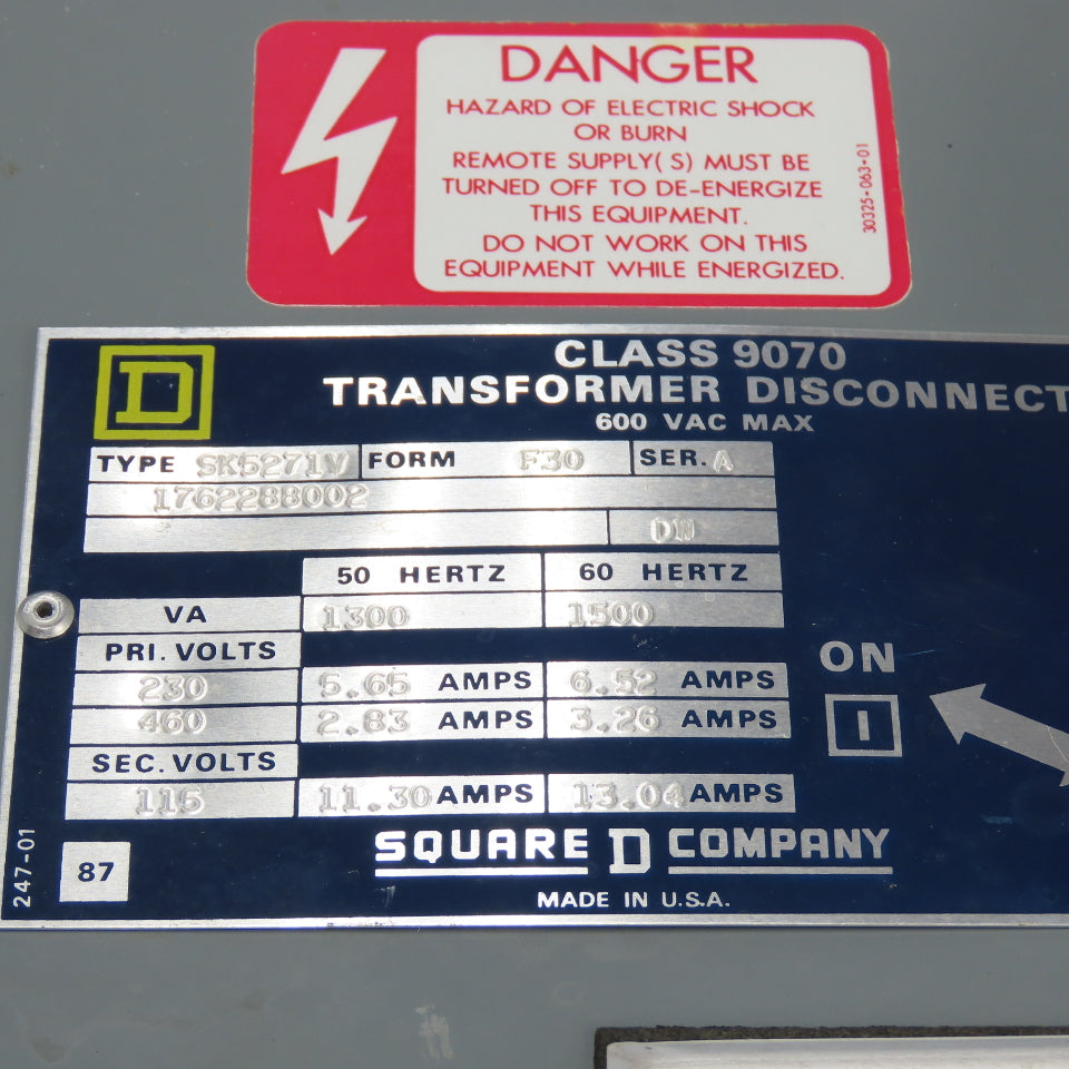 Square D SK5271V Class 9070 Disconnect Transformer Pri 230/460V Sec 115V 1500VA