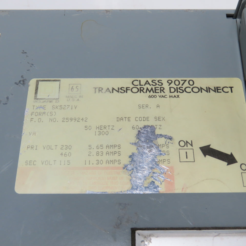 Square D SK5271V Class 9070 Disconnect Transformer Pri 230/460V Sec 115V 1500VA